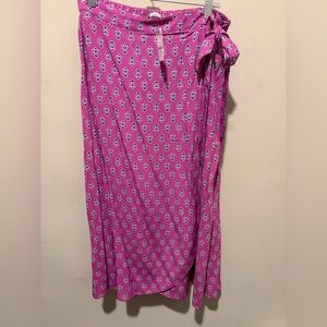 J. Crew Pink Wrap Midi Skirt with White and Blue Pattern